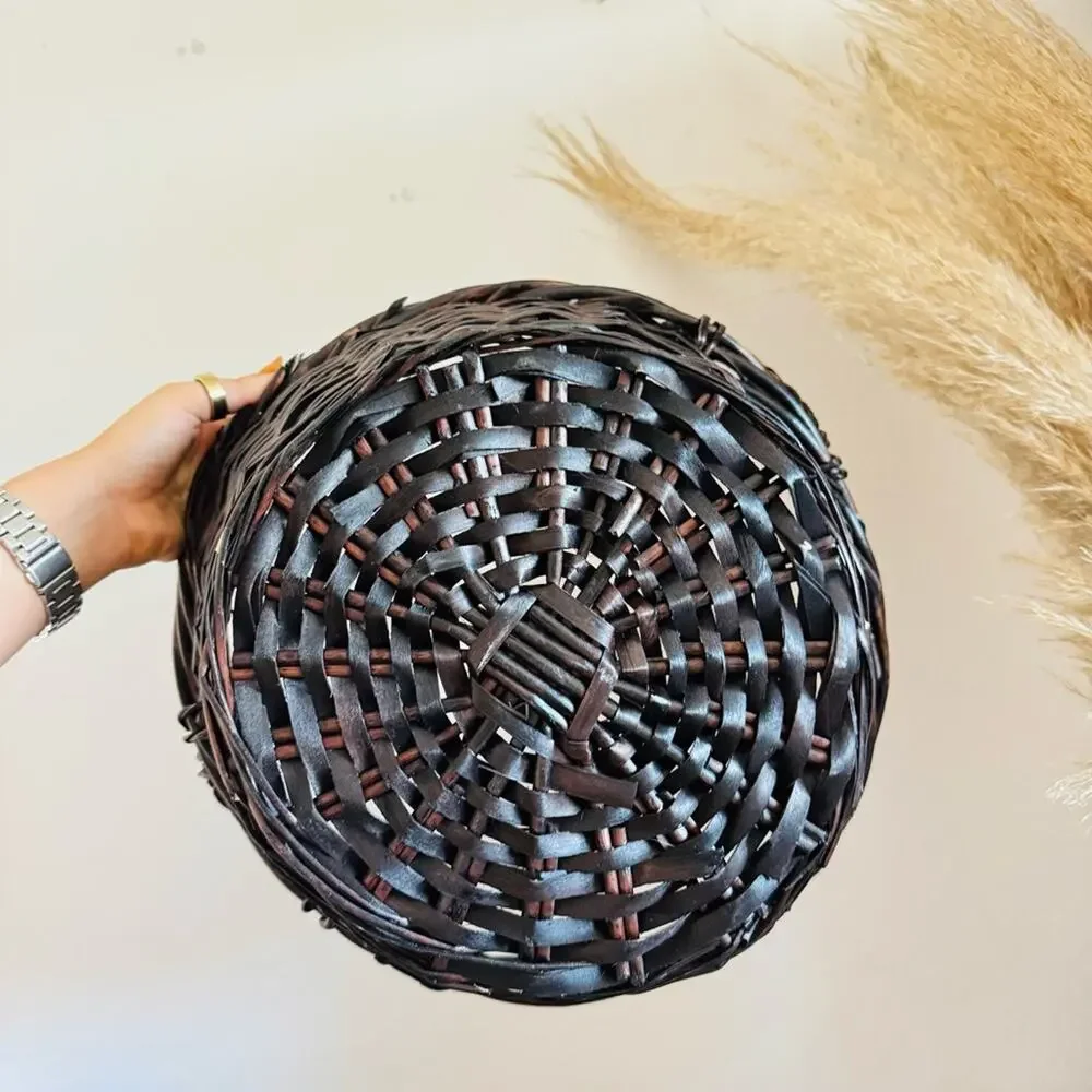 VINTAGE Brown Wood Wicker Woven Low Basket Accent Decor Vase Handles Y2K 90s